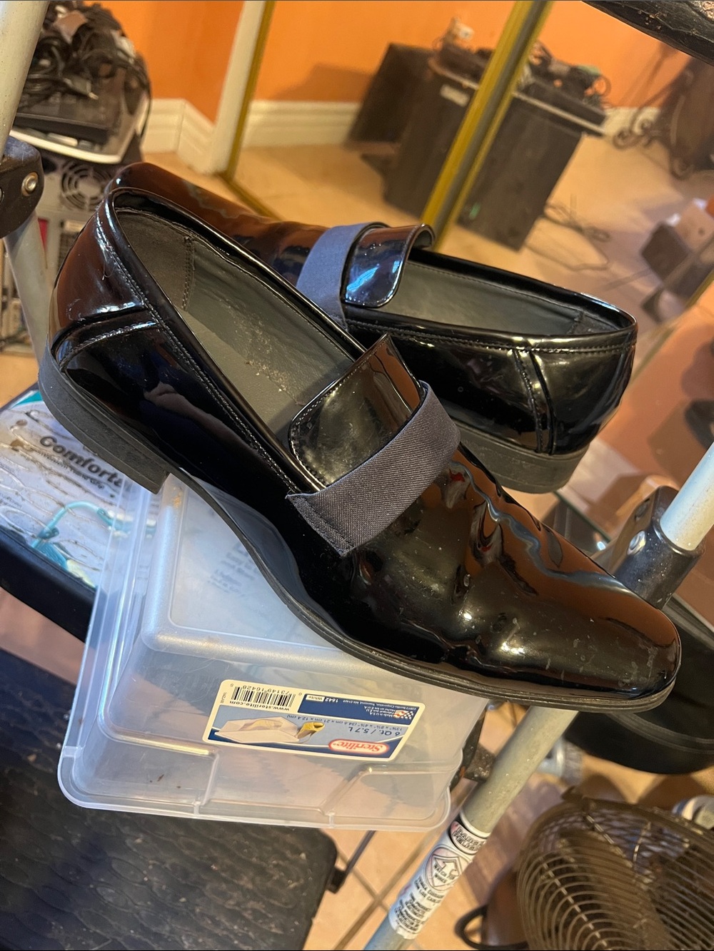 Calvin Klein Black Patent Loafers with Gray Elastic Strap